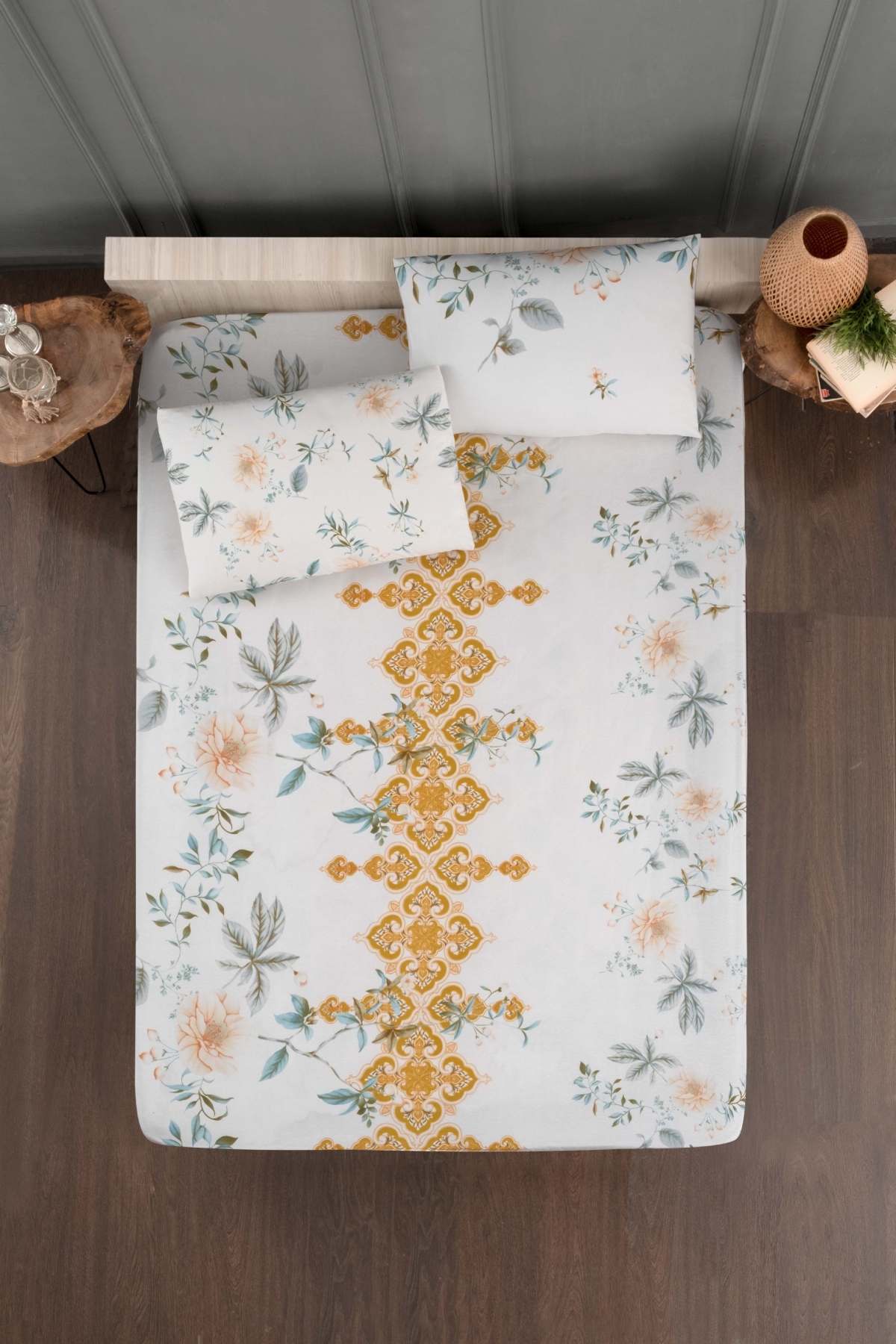 Floral Elegans Hardal Lastikli Çarşaf Seti